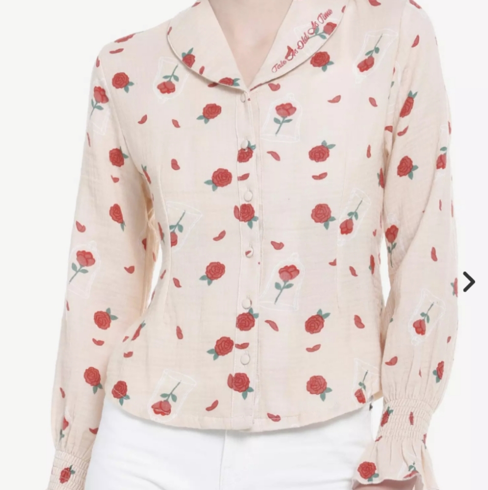 Her Universe Disney Beauty And The Beast Rose Wove Long-Sleeve Blouse XS